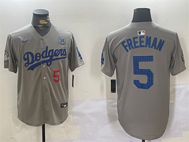 Men's Los Angeles Dodgers #5 Freddie Freeman Grey 2024 World Series With No. 34 Patch Limited Stitched Baseball Jersey Men's Los Angeles Dodgers #5 Freddie Freeman Grey 2024 World Series With No. 34 Patch Limited Stitched Baseball Jersey